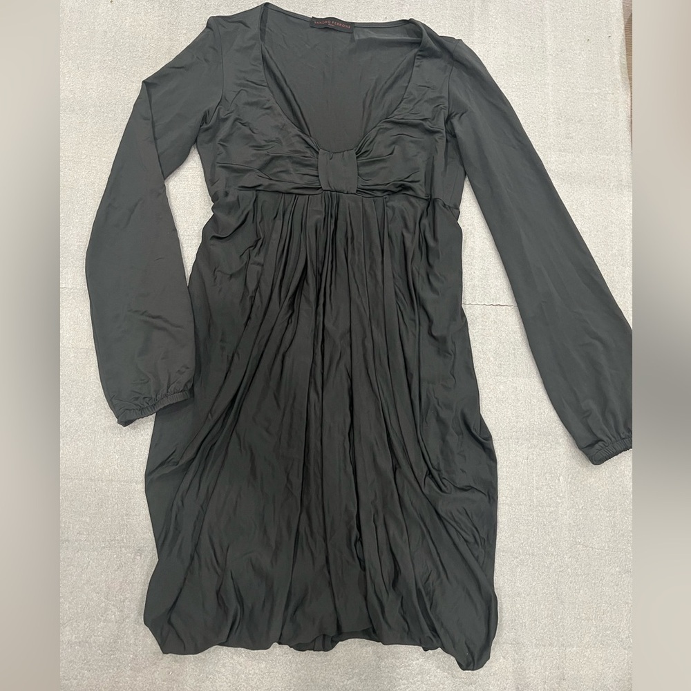 [M]Sandro Ferrone Rome Elegant Black Long Sleeve Deep V Pleated Mini Dress Bow